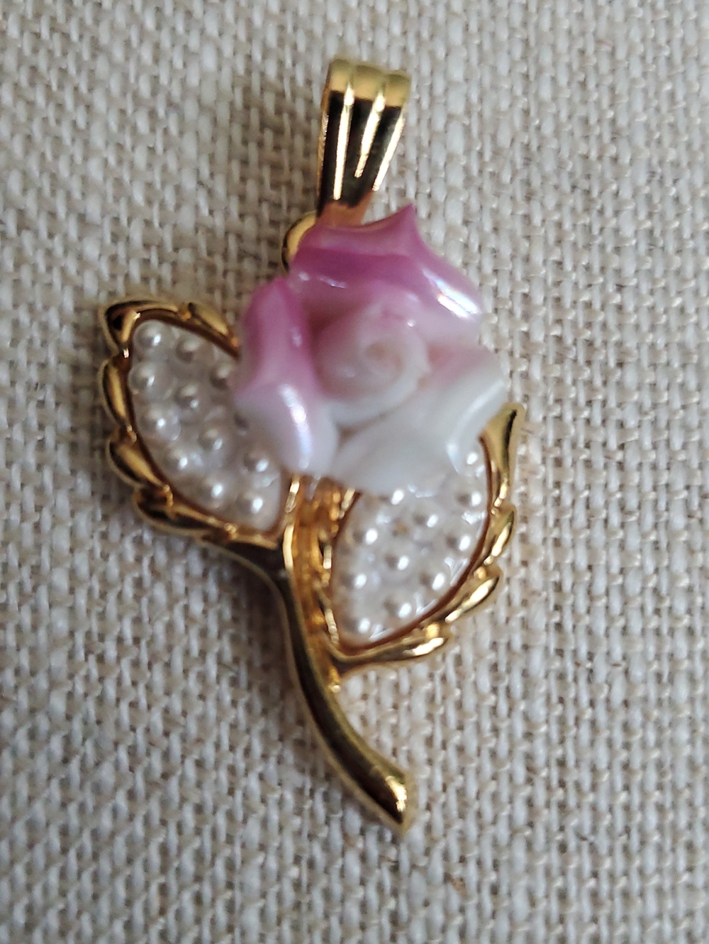 Vintage Gold-Tone Rose Pendant with Pink and White Enamel
